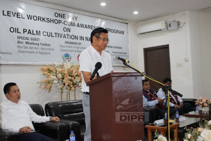 Advisor Mhathung Yanthan speaking during the state level workshop-cum-awareness programme on oil palm cultivation held in Agri-Expo on April 28. (DIPR Photo)